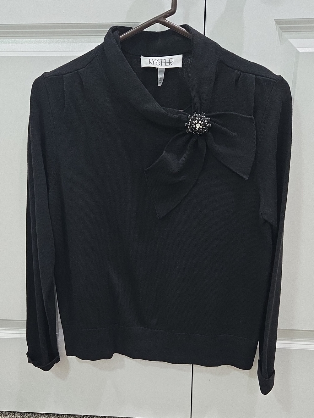 Kasper Black Bow-Neck Jewel Accent Pullover